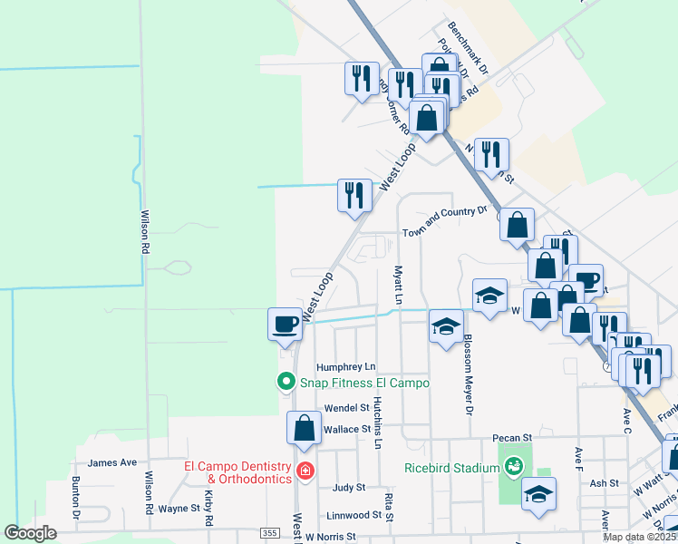 map of restaurants, bars, coffee shops, grocery stores, and more near 2915 Willow Creek Drive in El Campo
