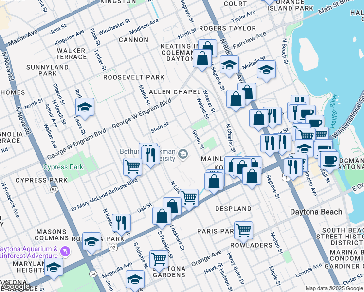 map of restaurants, bars, coffee shops, grocery stores, and more near 640 Doctor Mary McLeod Bethune Boulevard in Daytona Beach
