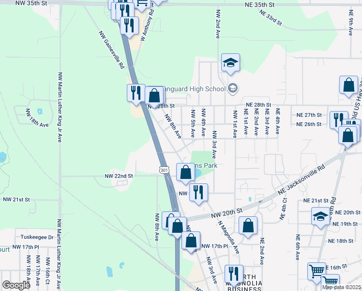 map of restaurants, bars, coffee shops, grocery stores, and more near 2424 Northwest 8th Avenue in Ocala