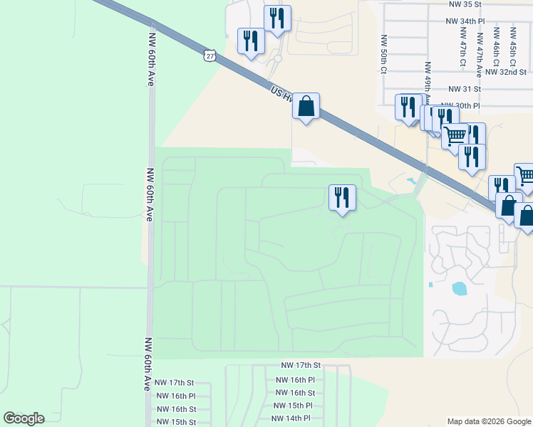 map of restaurants, bars, coffee shops, grocery stores, and more near 2501 Northwest 55th Avenue Road in Ocala