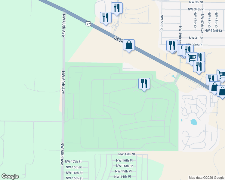 map of restaurants, bars, coffee shops, grocery stores, and more near 2501 Northwest 55th Avenue Road in Ocala