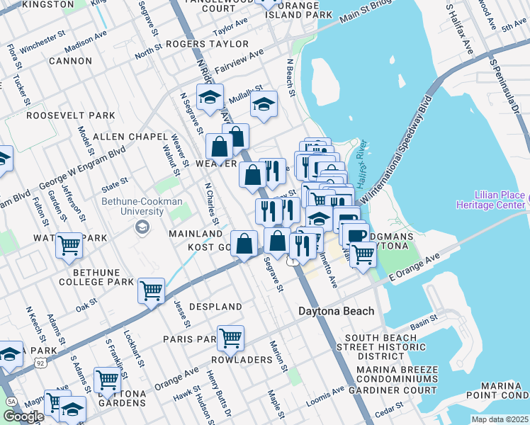 map of restaurants, bars, coffee shops, grocery stores, and more near 325 Bay Street in Daytona Beach