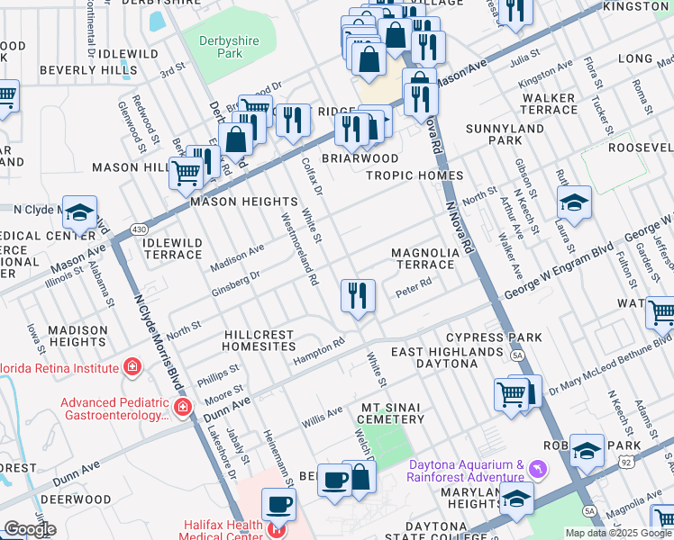 map of restaurants, bars, coffee shops, grocery stores, and more near 569 White Street in Daytona Beach