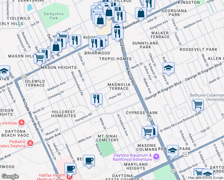 map of restaurants, bars, coffee shops, grocery stores, and more near 555 Sandra Avenue in Daytona Beach