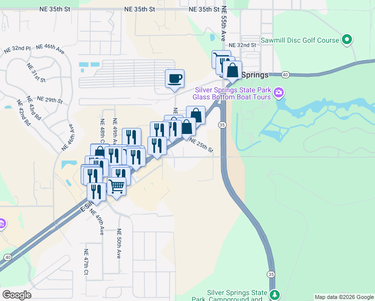 map of restaurants, bars, coffee shops, grocery stores, and more near 5245 Northeast 24th Street in Ocala