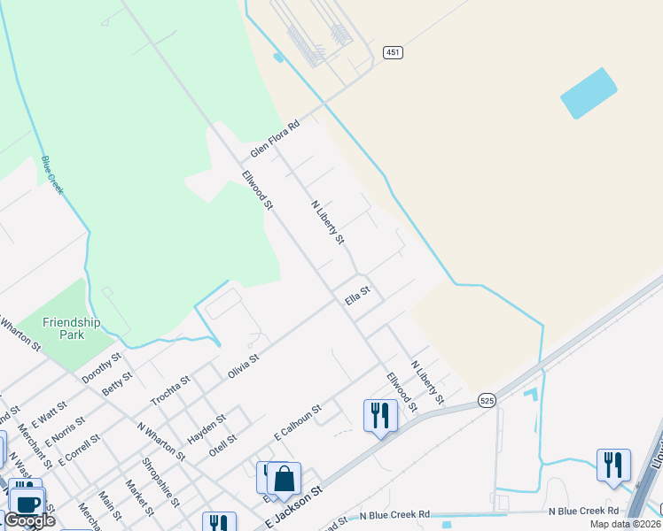 map of restaurants, bars, coffee shops, grocery stores, and more near 1311 Eveline Street in El Campo