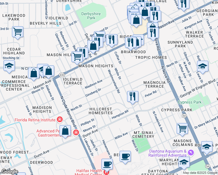 map of restaurants, bars, coffee shops, grocery stores, and more near 1133 Ginsberg Drive in Daytona Beach