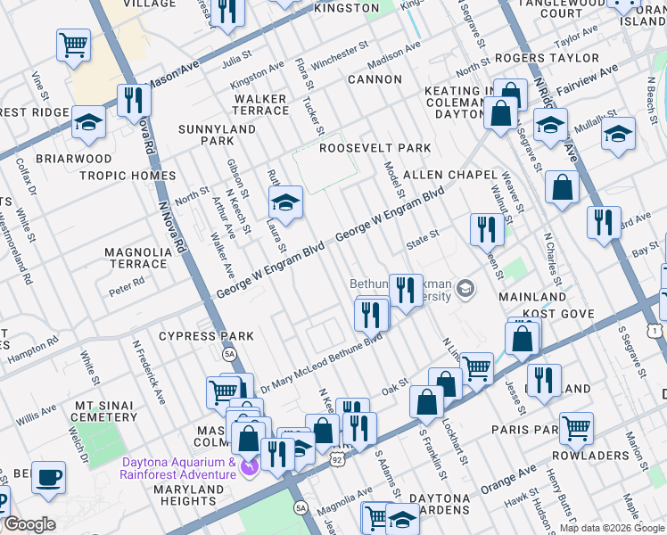 map of restaurants, bars, coffee shops, grocery stores, and more near 351 Fulton Street in Daytona Beach