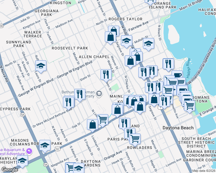 map of restaurants, bars, coffee shops, grocery stores, and more near 583 Doctor Mary McLeod Bethune Boulevard in Daytona Beach