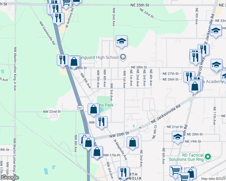 map of restaurants, bars, coffee shops, grocery stores, and more near 222 Northwest 25th Street in Ocala