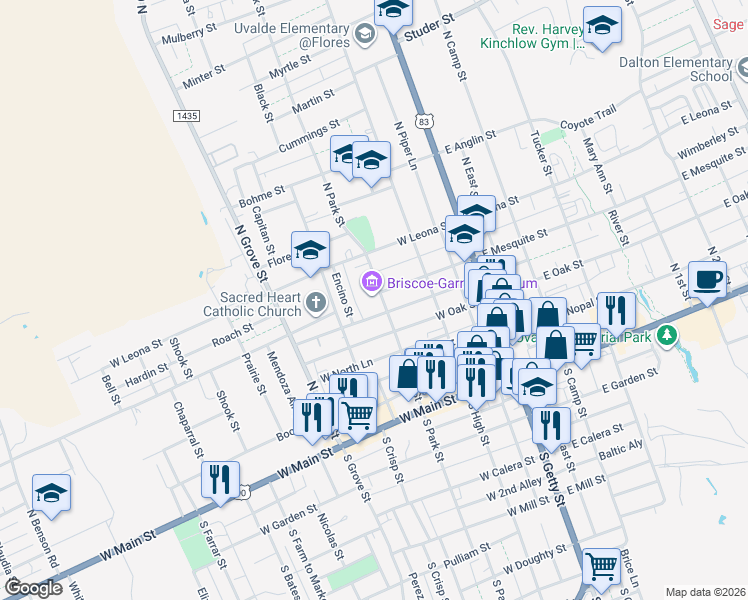 map of restaurants, bars, coffee shops, grocery stores, and more near 333 North Park Street in Uvalde
