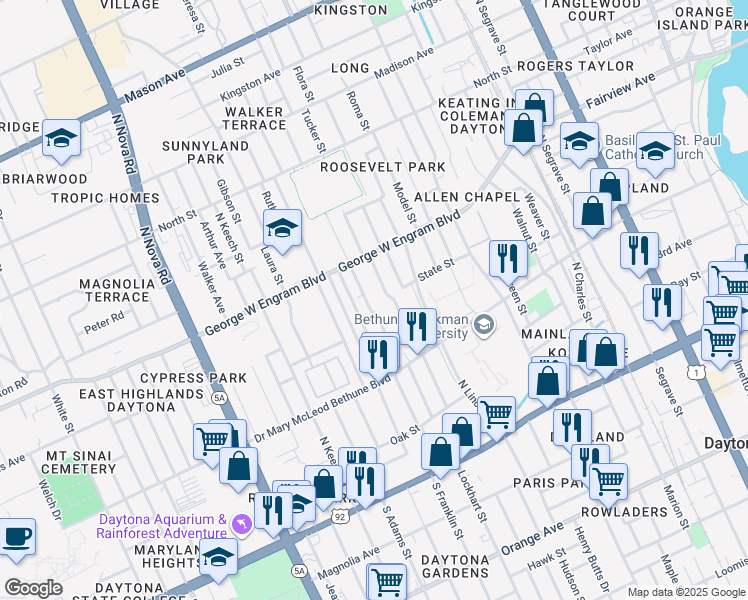 map of restaurants, bars, coffee shops, grocery stores, and more near 337 Garden Street in Daytona Beach