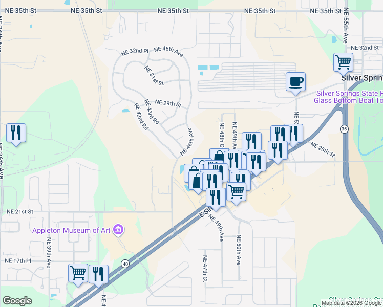 map of restaurants, bars, coffee shops, grocery stores, and more near 2551 Northeast 46th Avenue in Ocala