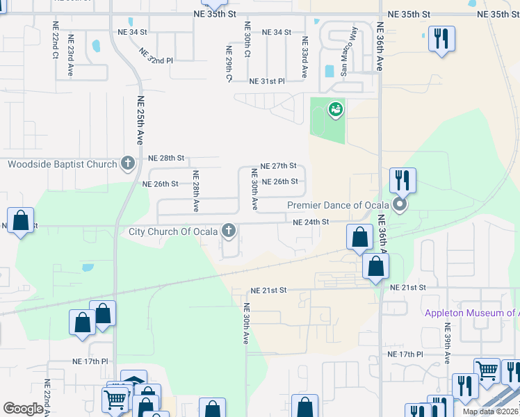 map of restaurants, bars, coffee shops, grocery stores, and more near 2408 Northeast 30th Avenue in Ocala