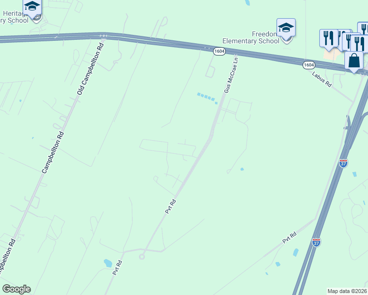 map of restaurants, bars, coffee shops, grocery stores, and more near Pvt Road in San Antonio