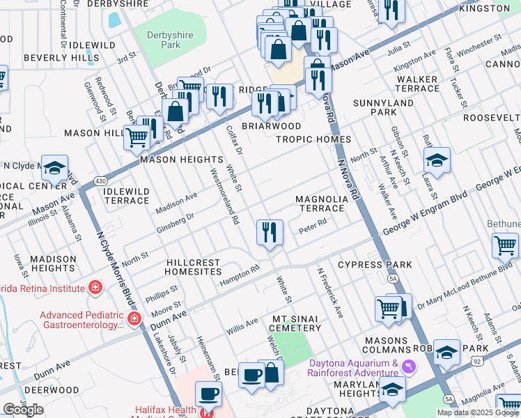map of restaurants, bars, coffee shops, grocery stores, and more near 564 Colfax Drive in Daytona Beach