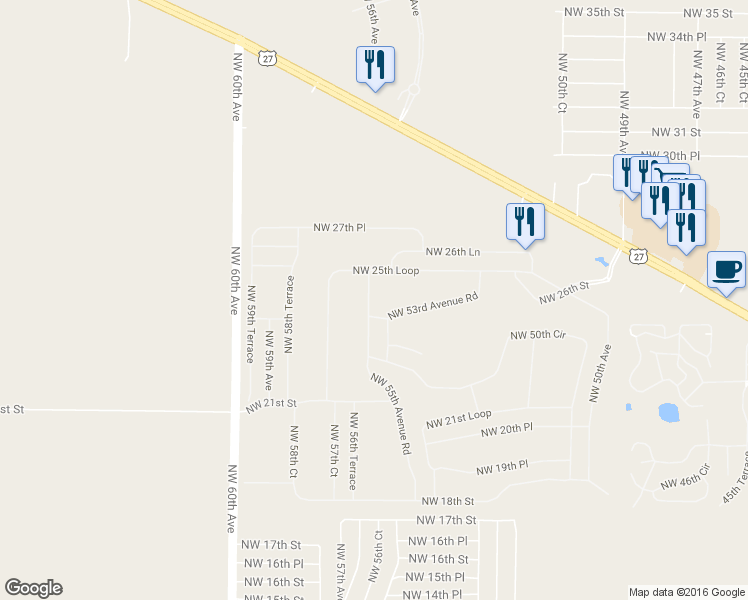 map of restaurants, bars, coffee shops, grocery stores, and more near 2501 Northwest 55th Avenue Road in Ocala