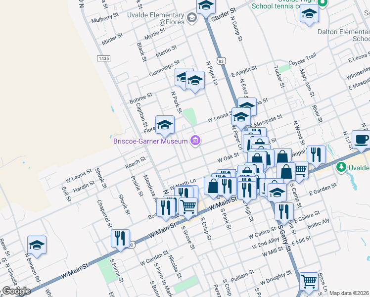 map of restaurants, bars, coffee shops, grocery stores, and more near 438 Encino Street in Uvalde