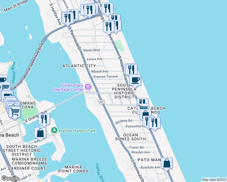 map of restaurants, bars, coffee shops, grocery stores, and more near 421 Silver Beach Avenue in Daytona Beach