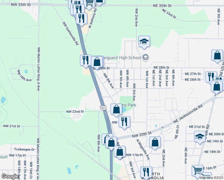 map of restaurants, bars, coffee shops, grocery stores, and more near 2424 Northwest 8th Avenue in Ocala
