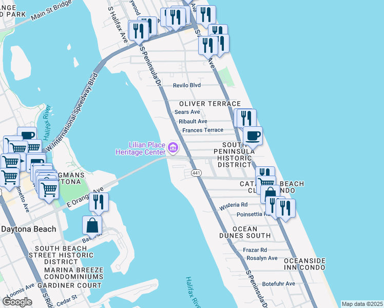 map of restaurants, bars, coffee shops, grocery stores, and more near 1109 South Peninsula Drive in Daytona Beach