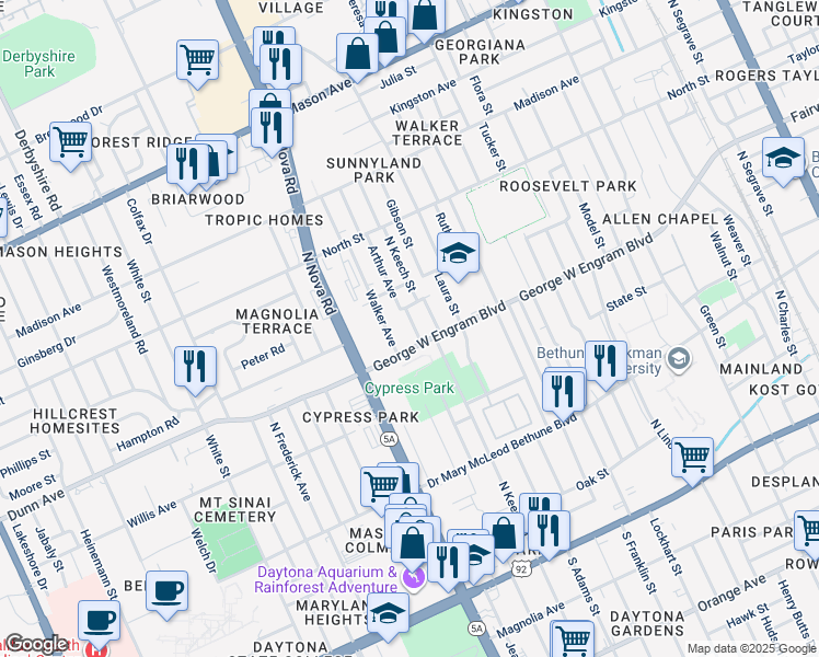 map of restaurants, bars, coffee shops, grocery stores, and more near 416 N Caroline St in Daytona Beach