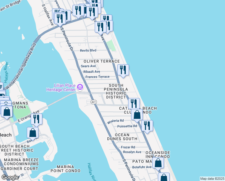 map of restaurants, bars, coffee shops, grocery stores, and more near 511 Silver Beach Avenue in Daytona Beach