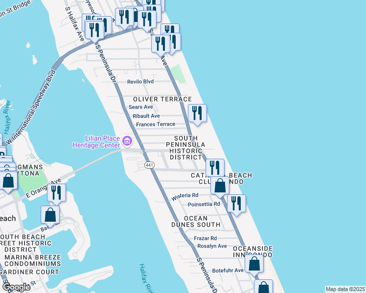 map of restaurants, bars, coffee shops, grocery stores, and more near 511 Silver Beach Avenue in Daytona Beach