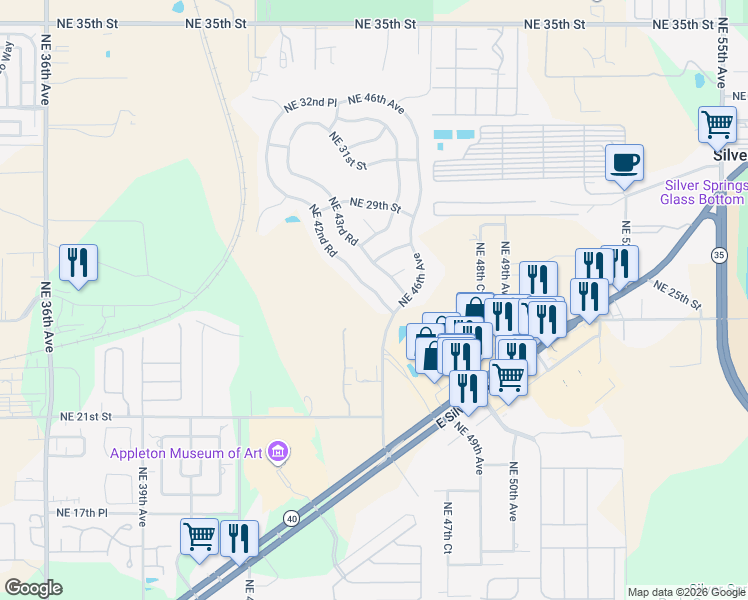 map of restaurants, bars, coffee shops, grocery stores, and more near 2508 Northeast 42nd Road in Ocala