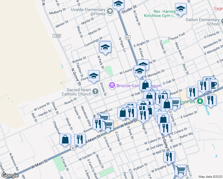 map of restaurants, bars, coffee shops, grocery stores, and more near 333 North Park Street in Uvalde