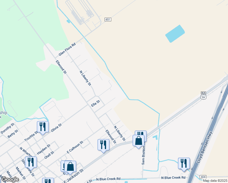 map of restaurants, bars, coffee shops, grocery stores, and more near 1496 Olivia Street in El Campo