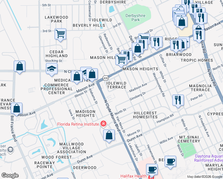 map of restaurants, bars, coffee shops, grocery stores, and more near 724 Greene Avenue in Daytona Beach