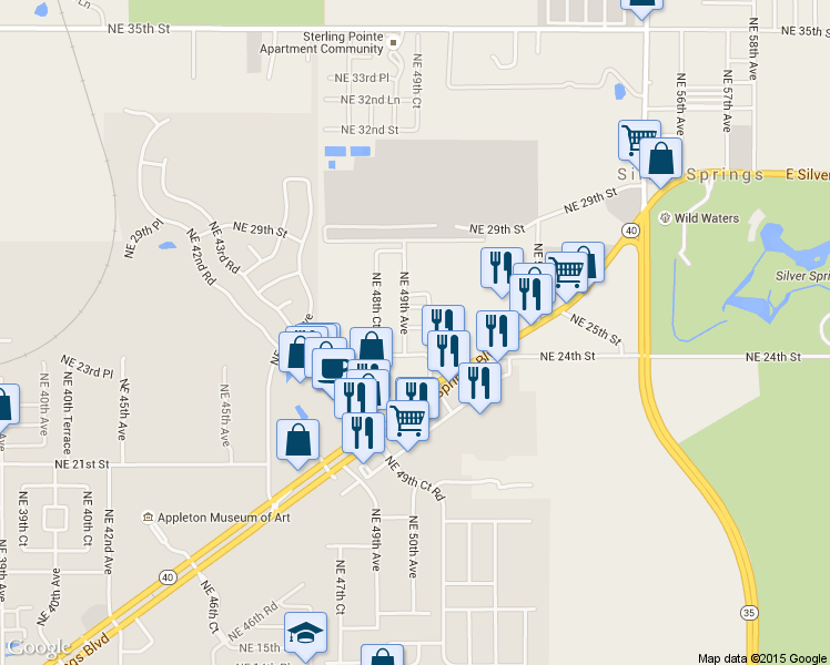 map of restaurants, bars, coffee shops, grocery stores, and more near 2545 Northeast 49th Avenue in Ocala