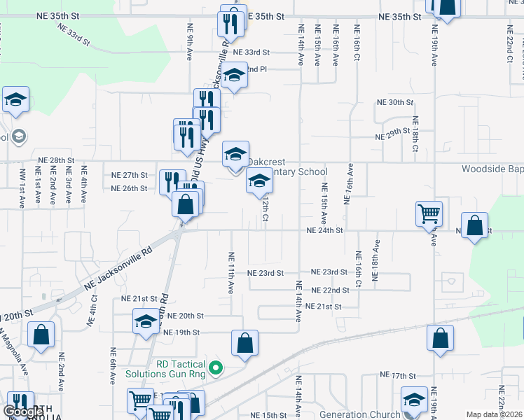 map of restaurants, bars, coffee shops, grocery stores, and more near 2514 Northeast 12th Court in Ocala