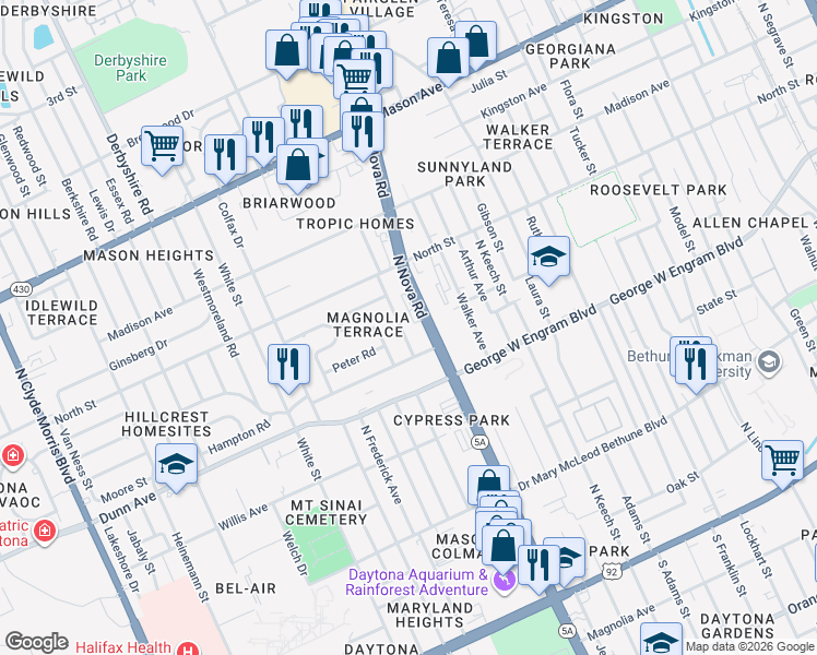 map of restaurants, bars, coffee shops, grocery stores, and more near 510 North Nova Road in Daytona Beach