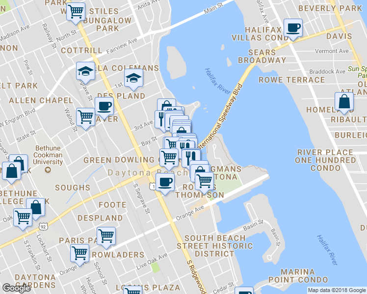 map of restaurants, bars, coffee shops, grocery stores, and more near 124 North Beach Street in Daytona Beach