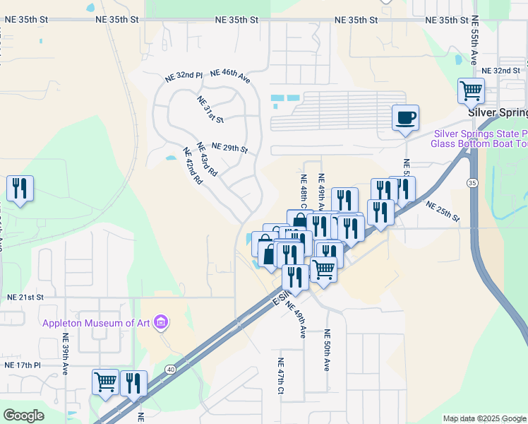 map of restaurants, bars, coffee shops, grocery stores, and more near 2551 Northeast 46th Avenue in Ocala