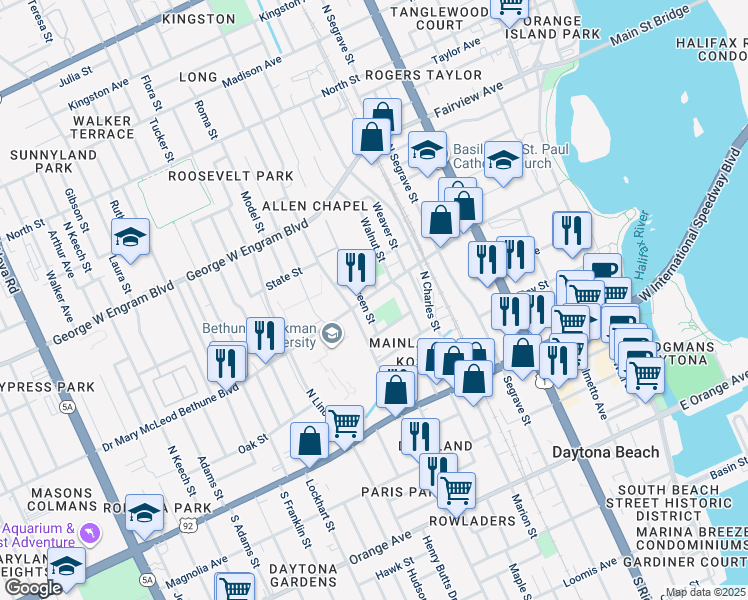 map of restaurants, bars, coffee shops, grocery stores, and more near 583 Doctor Mary McLeod Bethune Boulevard in Daytona Beach
