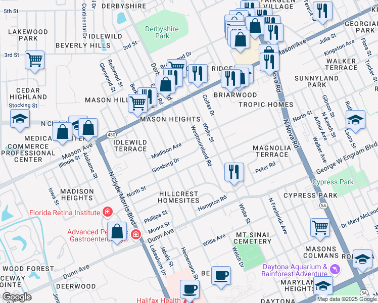 map of restaurants, bars, coffee shops, grocery stores, and more near 1133 Ginsberg Drive in Daytona Beach