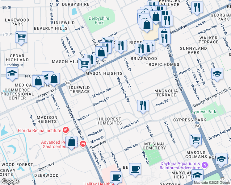 map of restaurants, bars, coffee shops, grocery stores, and more near 1133 Ginsberg Drive in Daytona Beach