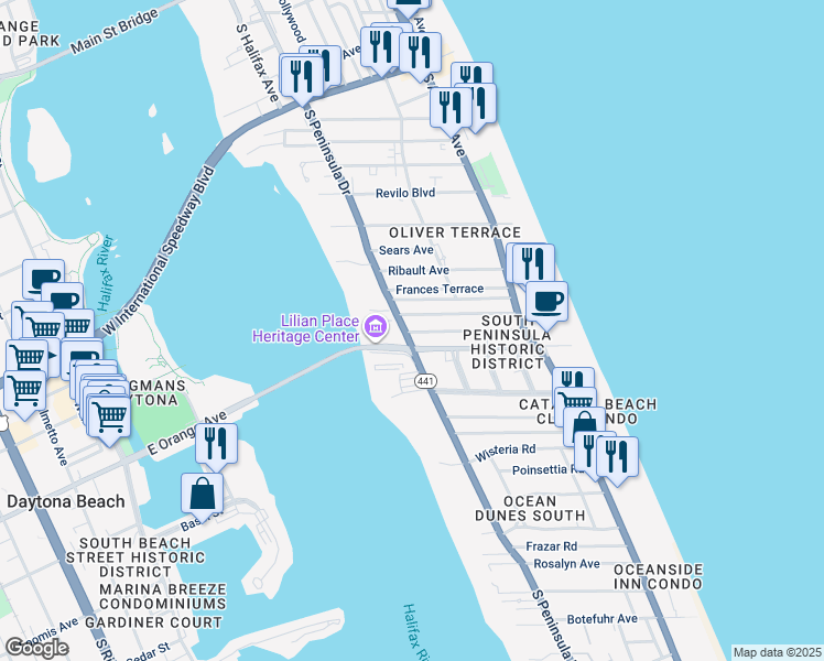 map of restaurants, bars, coffee shops, grocery stores, and more near 1109 South Peninsula Drive in Daytona Beach