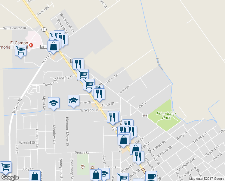 map of restaurants, bars, coffee shops, grocery stores, and more near 1610 North Wharton Street in El Campo