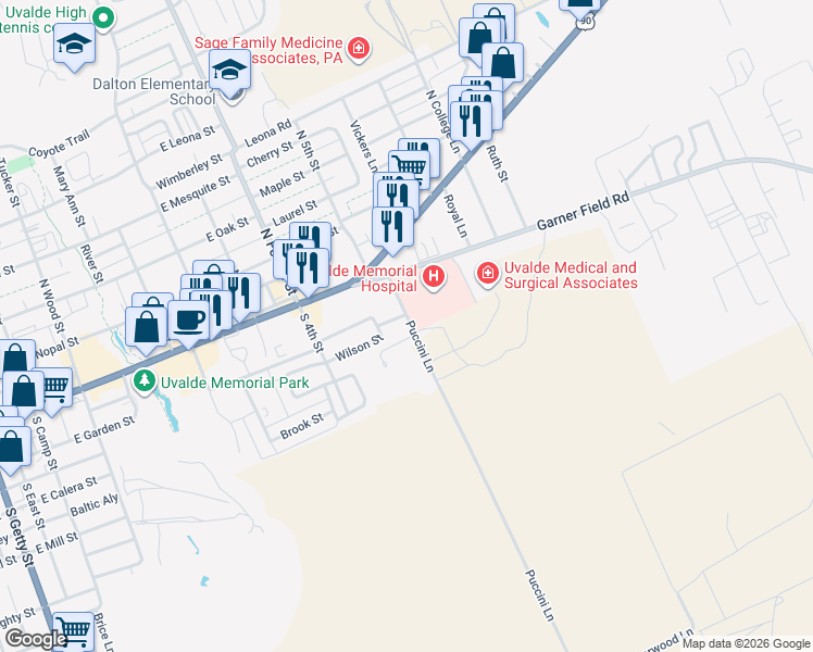 map of restaurants, bars, coffee shops, grocery stores, and more near 186 County Road 373 in Uvalde
