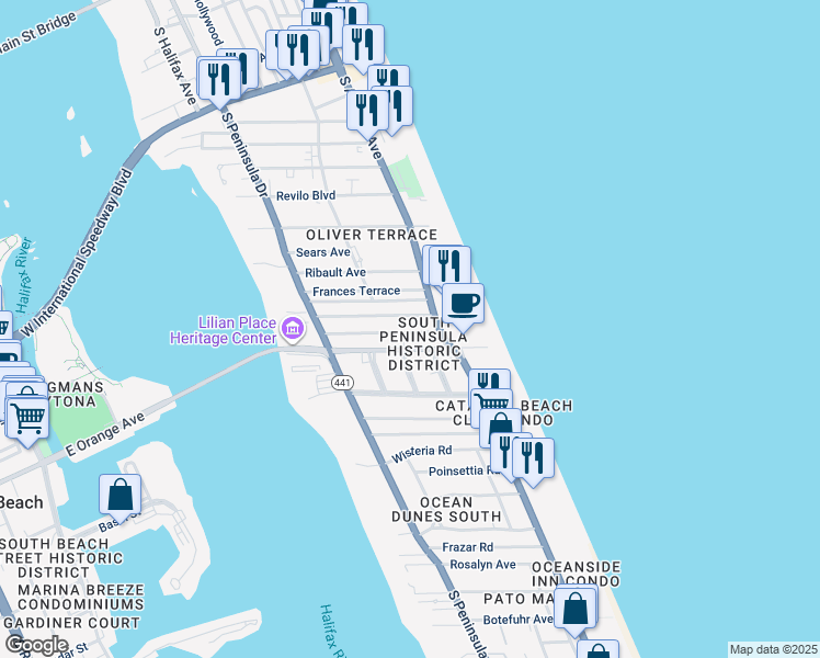 map of restaurants, bars, coffee shops, grocery stores, and more near 511 Silver Beach Avenue in Daytona Beach