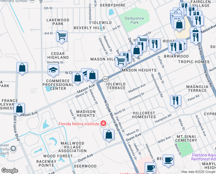 map of restaurants, bars, coffee shops, grocery stores, and more near 724 Greene Avenue in Daytona Beach