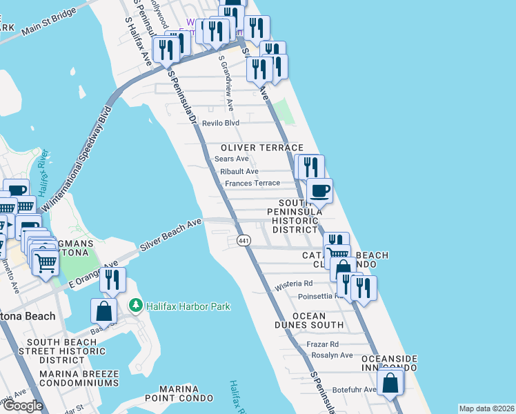 map of restaurants, bars, coffee shops, grocery stores, and more near 409 Silver Beach Avenue in Daytona Beach
