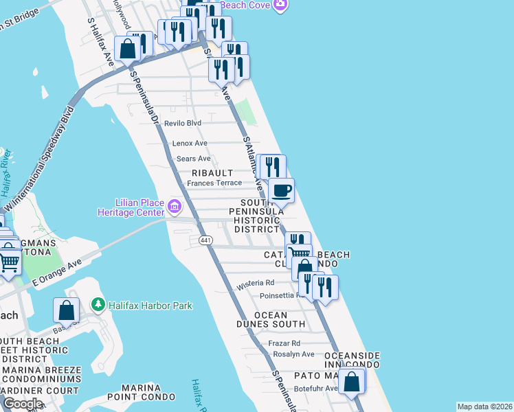 map of restaurants, bars, coffee shops, grocery stores, and more near 527 Mobile Avenue in Daytona Beach