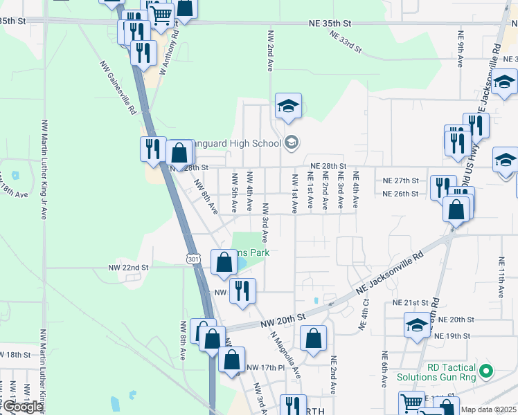 map of restaurants, bars, coffee shops, grocery stores, and more near 222 Northwest 25th Street in Ocala