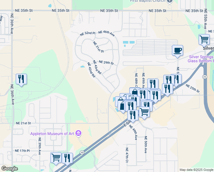 map of restaurants, bars, coffee shops, grocery stores, and more near 2508 Northeast 42nd Road in Ocala