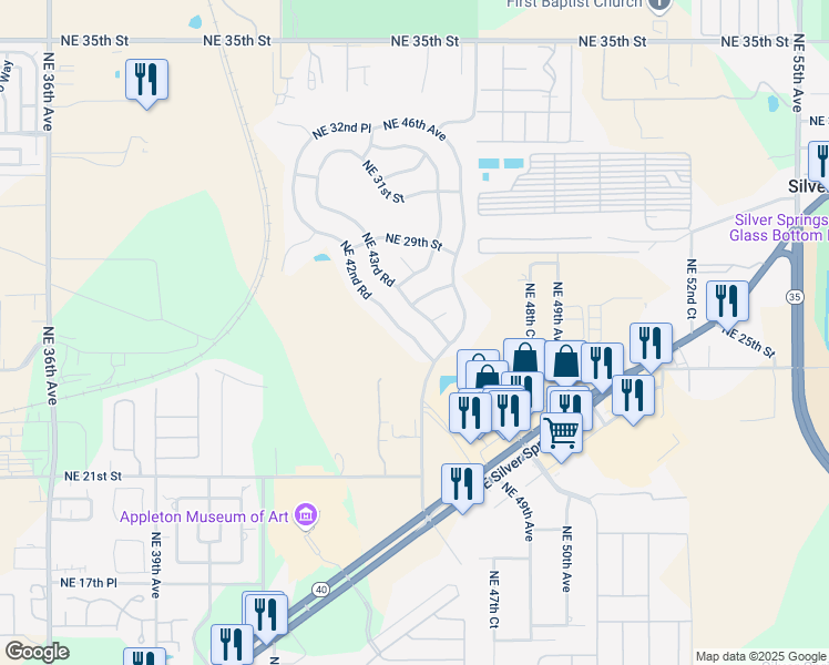 map of restaurants, bars, coffee shops, grocery stores, and more near 2508 Northeast 42nd Road in Ocala